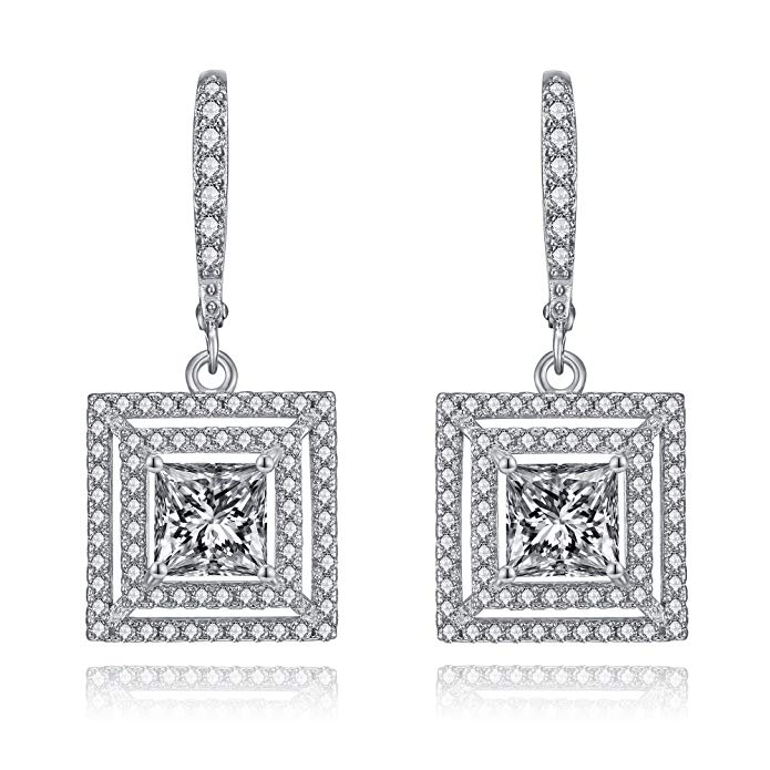Square-Shape Cubic Zirconia Double Halo Collection by Lux and Glam- Drop Earrings, Rings and Pendant Necklace Jewelry Set