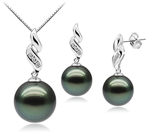 PearlsOnly - Seductive Black 9-11mm AAA Quality Tahitian 10K White Gold Cultured Pearl Set