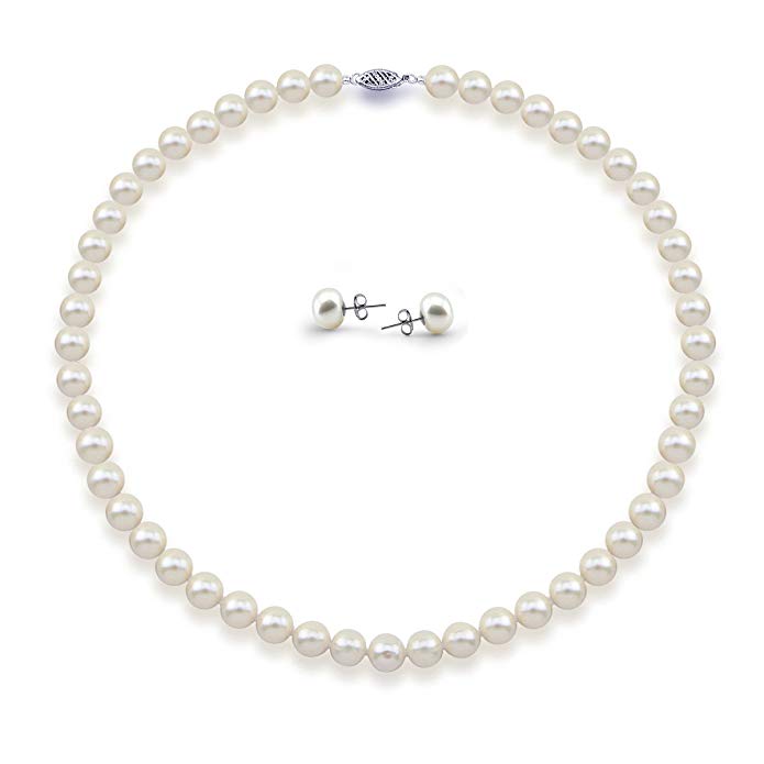 14K White Gold 7.5-8.0mm High Luster White Freshwater Cultured Pearl Necklace, Earrings Set, 18