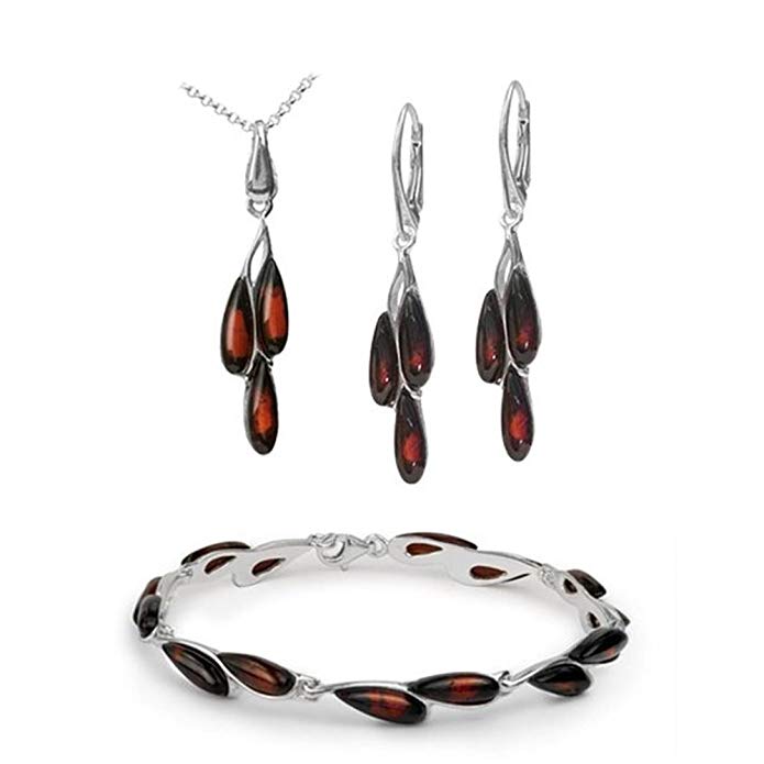 Sterling Silver Red Dark Amber Dreams Necklace 18 Inches Bracelet 7.5 Inches Earrings Set