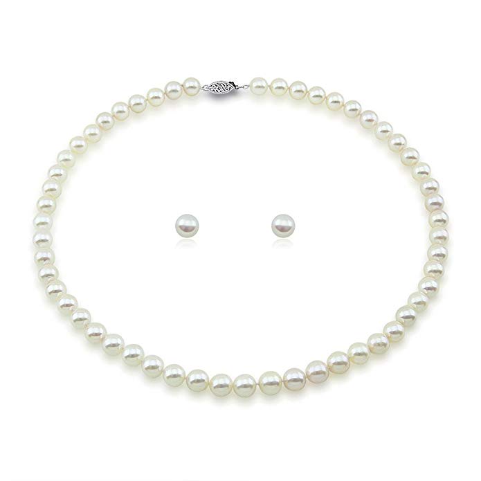 14k White Gold 6.5-7.0mm White Akoya Cultured Pearl High Luster Necklace 18