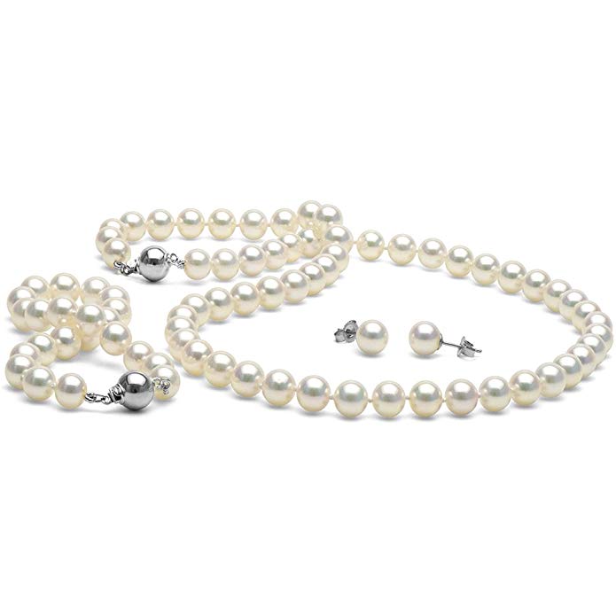 White Akoya Pearl 3-Piece Jewelry Set 7.0-7.5mm - 14K White Gold Ball Clasp High Polish AA Quality