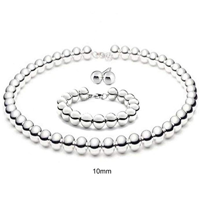 Sterling Silver Bead Necklace Bracelet and Earrings Set 10mm