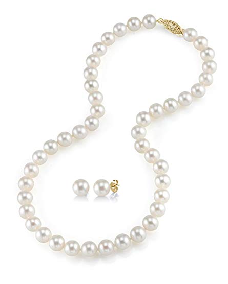 14K Gold 7-8mm White Freshwater Cultured Pearl Necklace & Earrings Set, 18