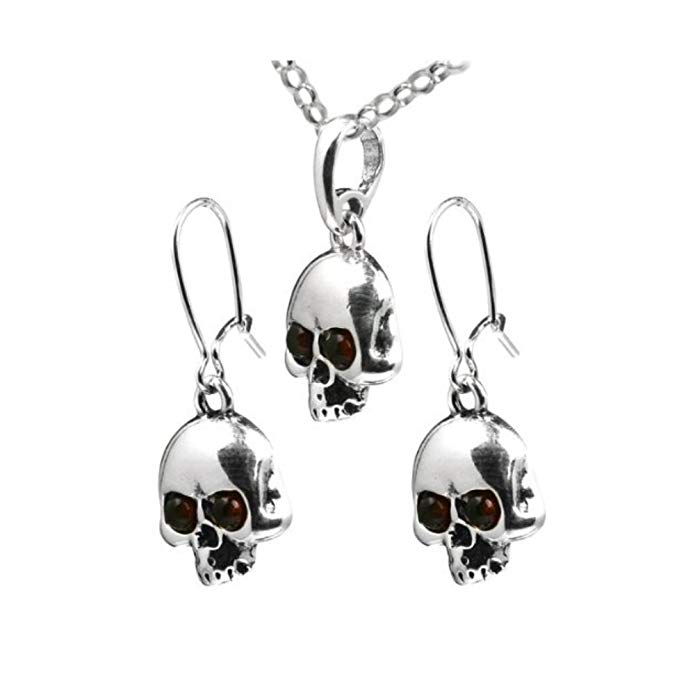 Honey Amber Sterling Silver Pirate Skull Pendant Earrings Rolo Chain Set 18