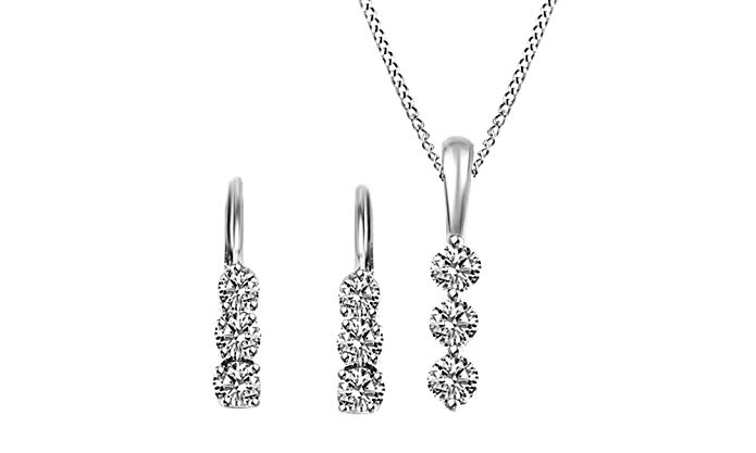 3 Stone Natural Diamond Earrings & Pendant Necklace Set 14K Solid Gold (7/8 Ct)