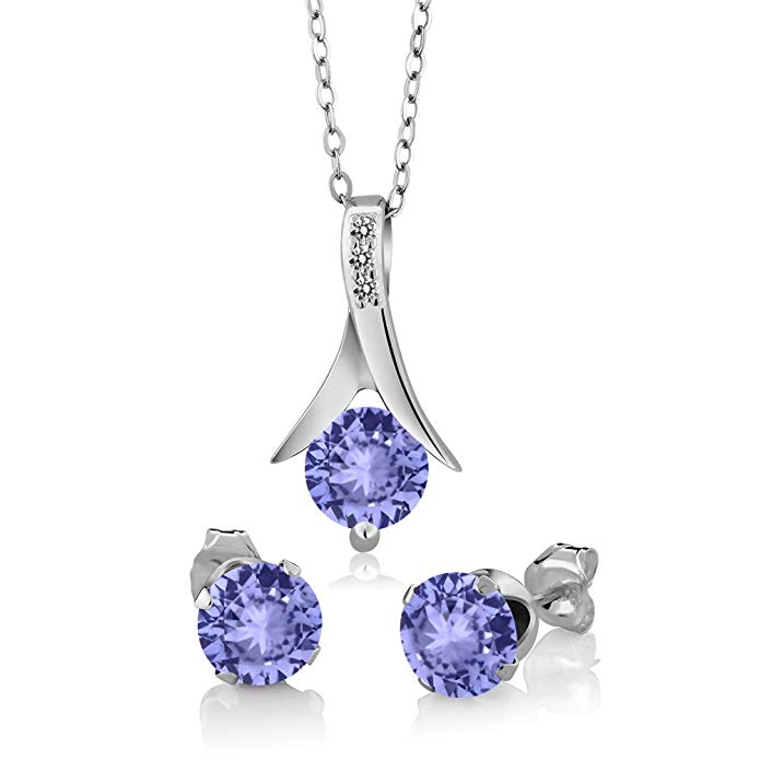 2.75 Ct Blue Tanzanite White Diamond 925 Sterling Silver Pendant Earrings Set