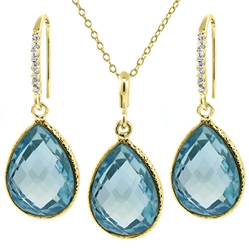 22.50 Ct Blue Topaz 16x12mm Pear Shape Gold Plated Silver Jewelry Set 18