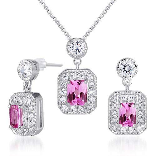 Created Pink Sapphire Pendant Earrings Set Sterling Silver Rhodium Nickel Finish Radiant Cut 2.50 Carats