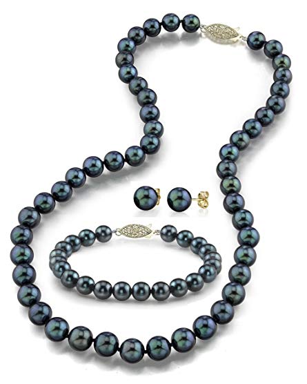 14K Gold 8.0-8.5mm Black Akoya Cultured Pearl Necklace, Bracelet & Earrings Set, 18