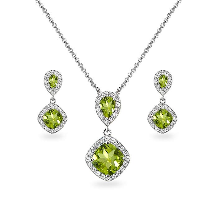 Sterling Silver Genuine, Created or Simulated Gemstone & White Topaz Dangle Earrings & Necklace Set