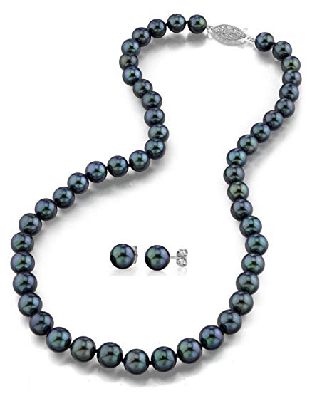 14K Gold 6.0-6.5mm Black Akoya Cultured Pearl Necklace & Matching Earrings Set, 18