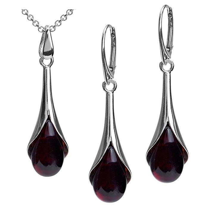 Sterling Silver Red Dark Amber Drop Earrings Necklace Set 18 Inches