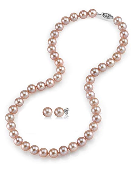 14K Gold 7-8mm Pink Freshwater Cultured Pearl Necklace with Stud Earrings, 18