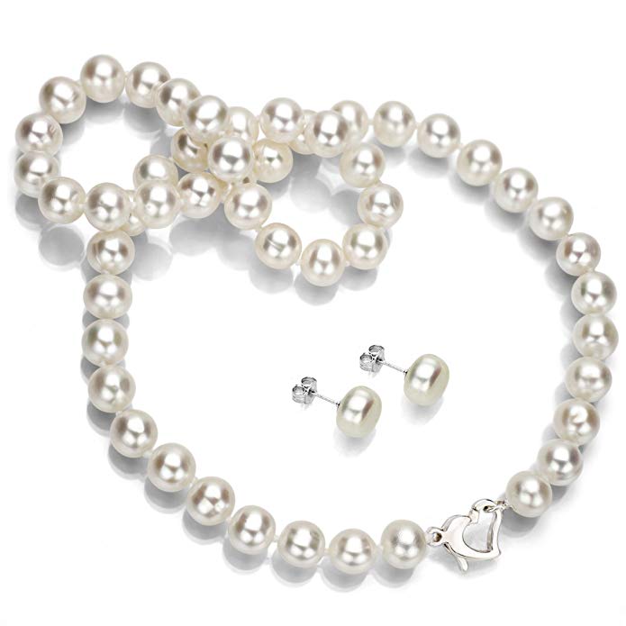 Heart Shape Sterling Silver 8-8.5mm White Freshwater Cultured Pearl Necklace and Stud Earrings Set