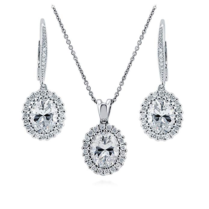 BERRICLE Rhodium Plated Sterling Silver Oval Cut Cubic Zirconia CZ Halo Necklace and Earrings Set