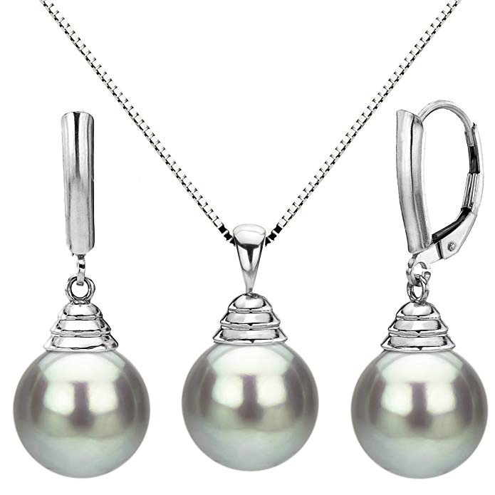 14k White Gold 8-8.5mm Black Tahitian Cultured Pearl Pendant and Matching Lever-back Earrings, 18