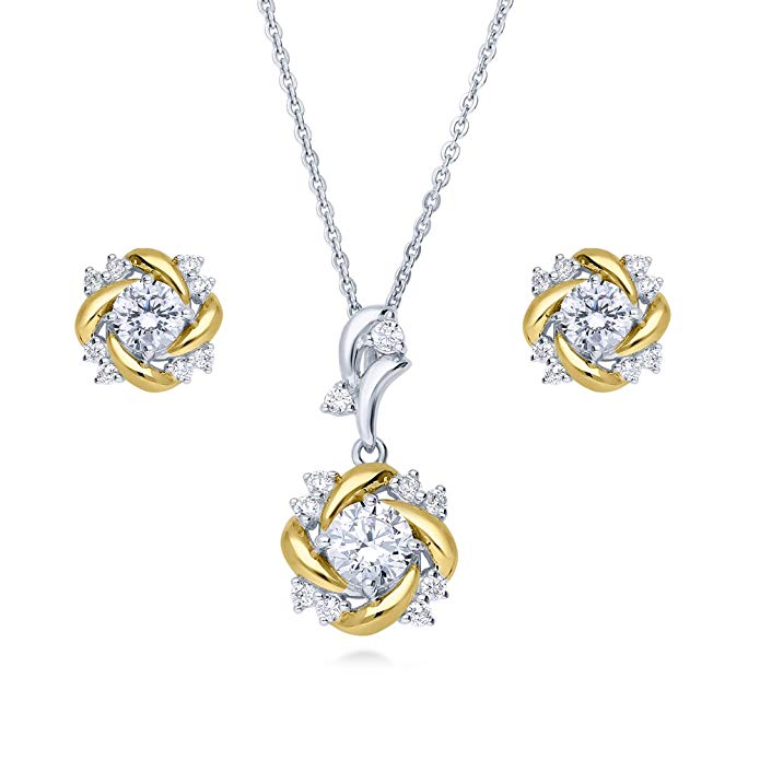BERRICLE Rhodium and Gold Plated Sterling Silver Cubic Zirconia CZ Flower Necklace and Earrings Set