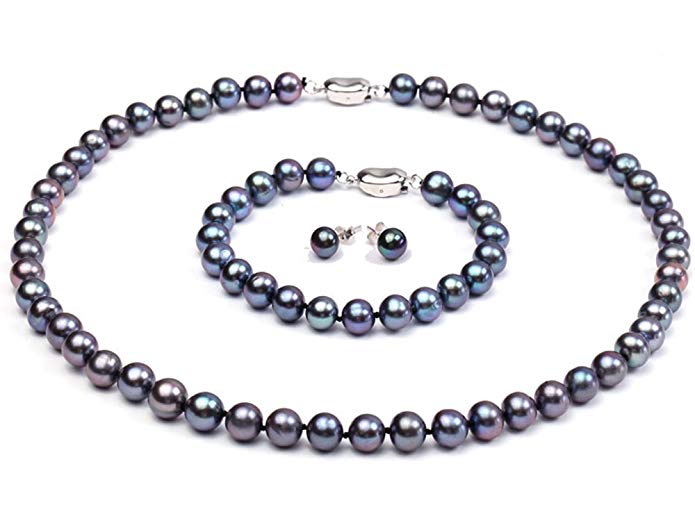 JYX Pearl Necklace Set 9-10mm AAA Black Round Freshwater Cultured Pearl Necklace 18