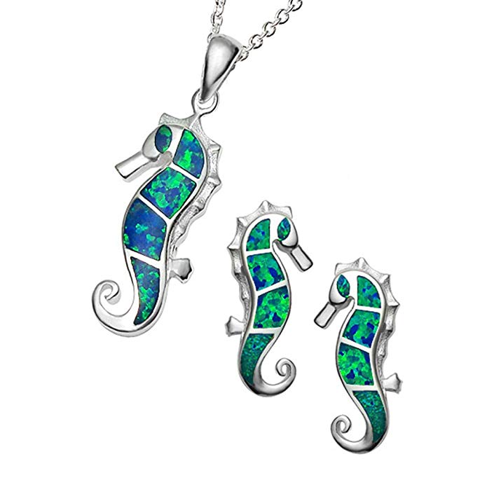 HWSTAR Women's Sterling Silver Created Opal Seahorse Jewelry Set