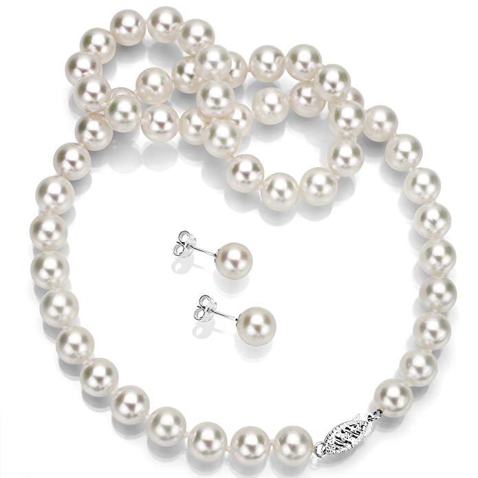 White Japanese Cultured Akoya Pearl Necklace and Stud Earring Set 14K White Gold for Women 7.5-8mm