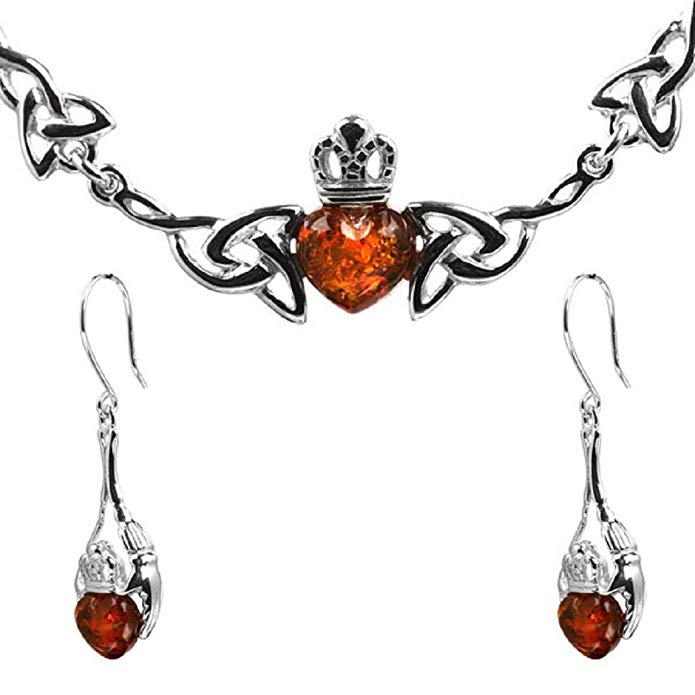 Honey Amber Sterling Silver Heart Claddagh Set Dangling Earrings Necklace 18