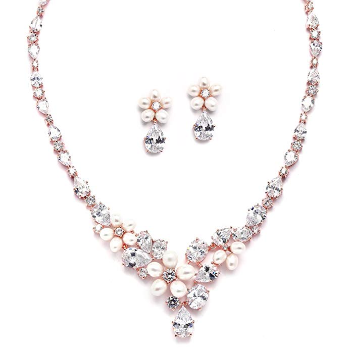 Mariell Cultured Freshwater Pearls & CZ Rose Gold Plated Wedding Necklace and Earrings Set for Brides