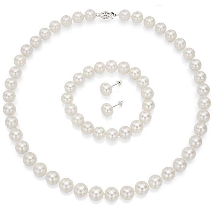 La Regis Jewelry Sterling Silver 10-10.5mm White Freshwater Cultured Pearl Necklace, Stretch Bracelet & Stud Earrings