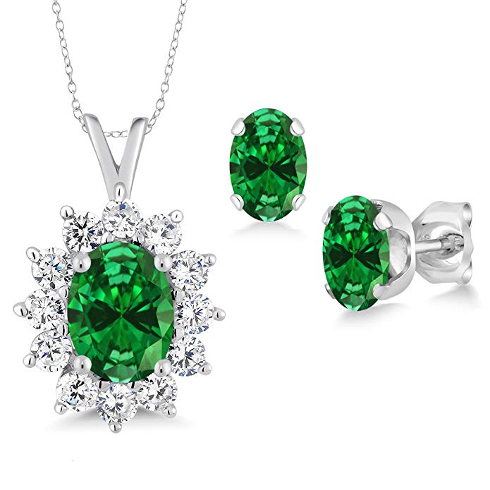 3.70 Ct Oval Green Simulated Emerald 925 Sterling Silver Pendant Earrings Set