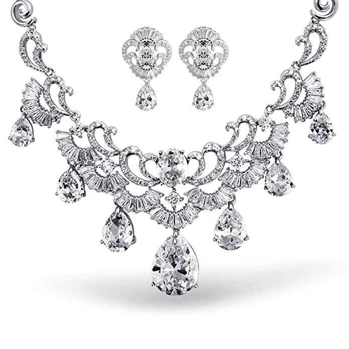 Bling Jewelry CZ Pear Vintage Style Statement Wedding Earrings Necklace Set Rhodium Plated
