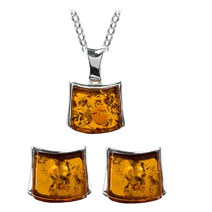 Amber Sterling Silver Designer Contemporary Stud Earrings Pendant Rolo Chain 18 Inches