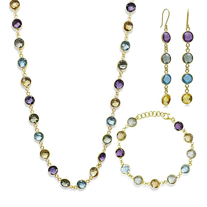 73.00 Ct 925 Silver Gold Plated Multi-Gemstone Necklace Bracelet Earrings Set