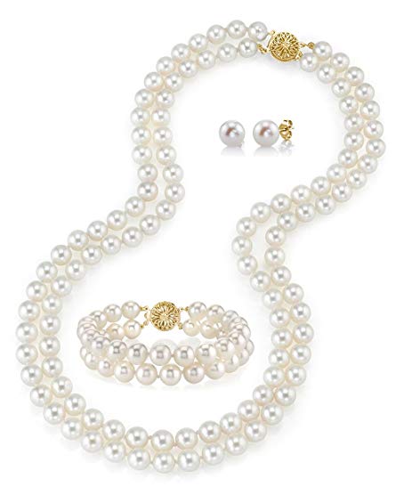 14K Gold White Freshwater Double Strand Cultured Pearl Necklace, Bracelet & Earrings Set - AAAA Quality, 16-17