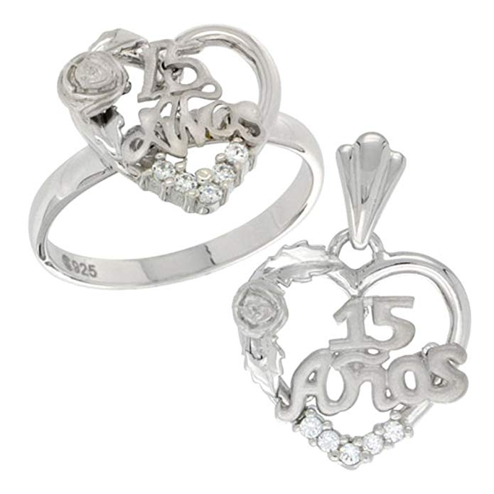 Sterling Silver Quinceanera 15 Anos Rose Ring & Pendant Set CZ Stones Rhodium Finished