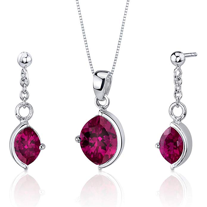 Created Ruby Pendant Earrings Necklace Sterling Silver Rhodium Nickel Finish Marquise Cut 6.00 Carats