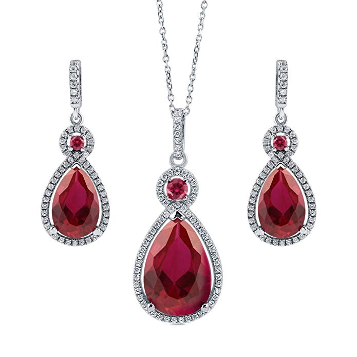 BERRICLE Rhodium Plated Sterling Silver Pear Cut Cubic Zirconia CZ Halo Necklace and Earrings Set