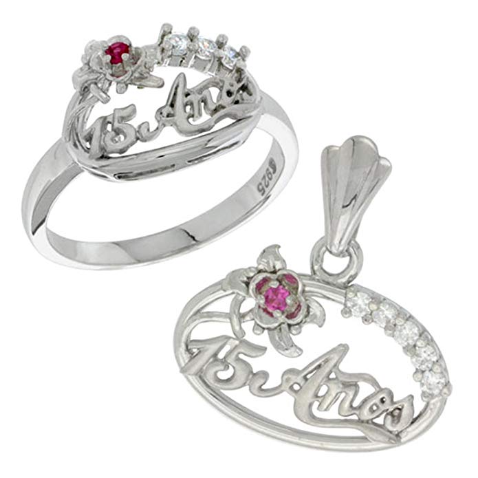 Sterling Silver Quinceanera 15 Anos Flower Ring & Pendant Set CZ Stones Rhodium Finished