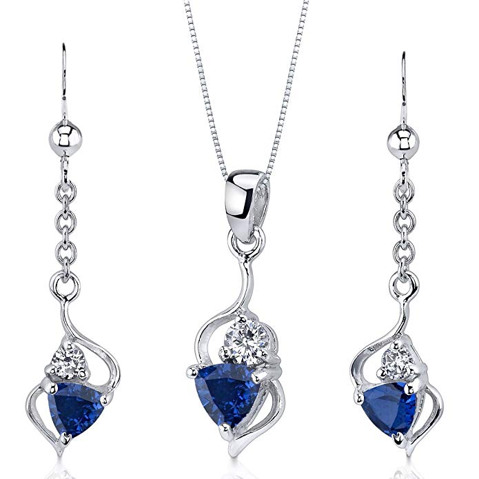 Created Sapphire Pendant Earrings Necklace Set Sterling Silver Trillion Cut 2.25 Carats