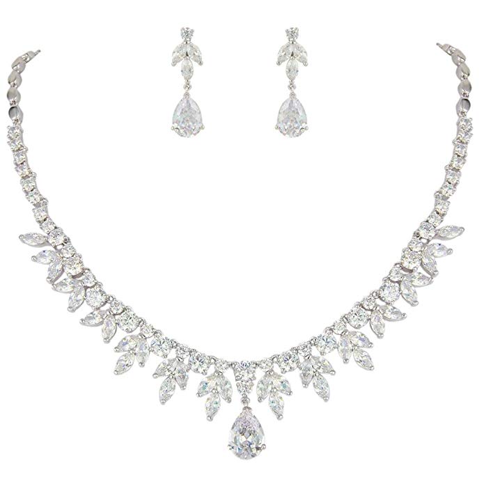 EVER FAITH Silver-Tone Full Zircon Wedding Leaf Tear Drop Necklace Earrings Set Clear