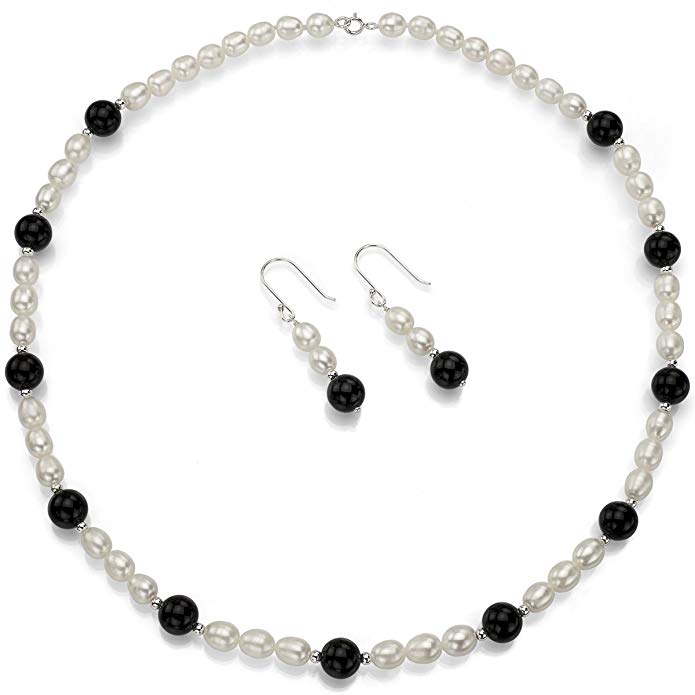 La Regis Jewelry Sterling Silver 6-6.5mm White Freshwater Cultured Pearls 8mm Simulated Black Onyx Necklace Set