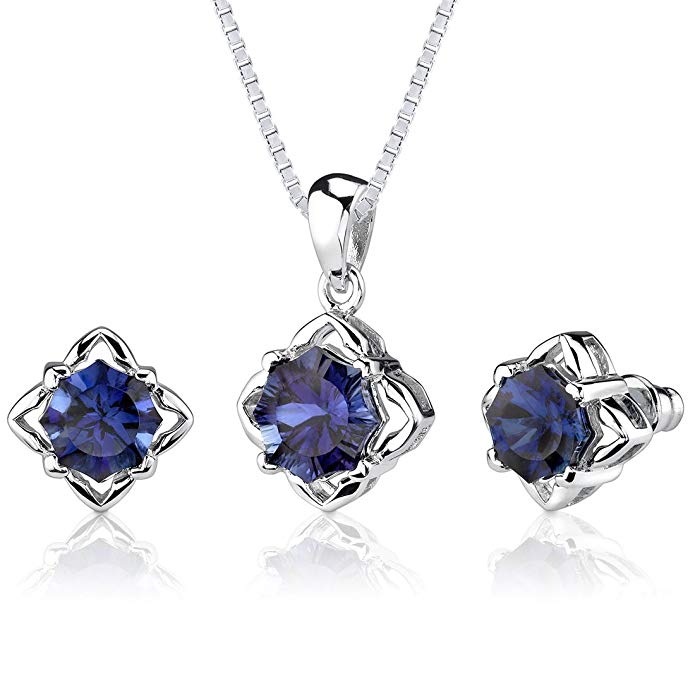 Created Sapphire Pendant Earrings Set Sterling Silver 10.25 Carats Snowflake Shape
