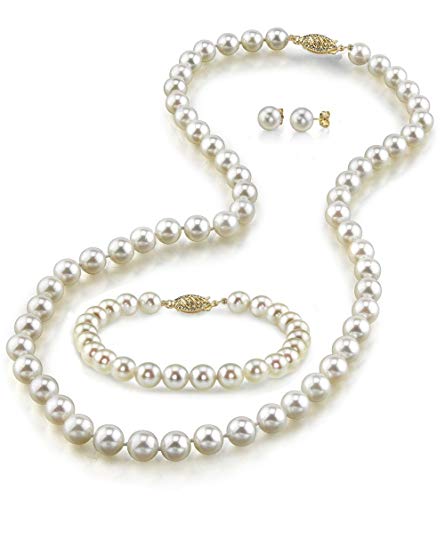 14K Gold 6.5-7.0mm White Akoya Cultured Pearl Necklace, Bracelet & Earrings Set, 18