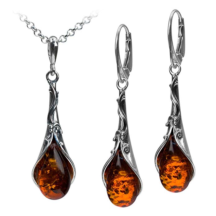 Sterling Silver Amber Leverback Drop Filigree Earrings Necklace 18 Inches