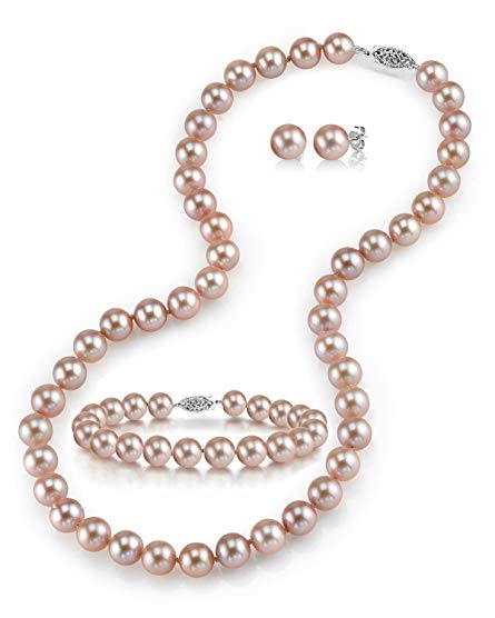 14K Gold 7-8mm Pink Freshwater Cultured Pearl Necklace, Bracelet & Earrings Set, 17