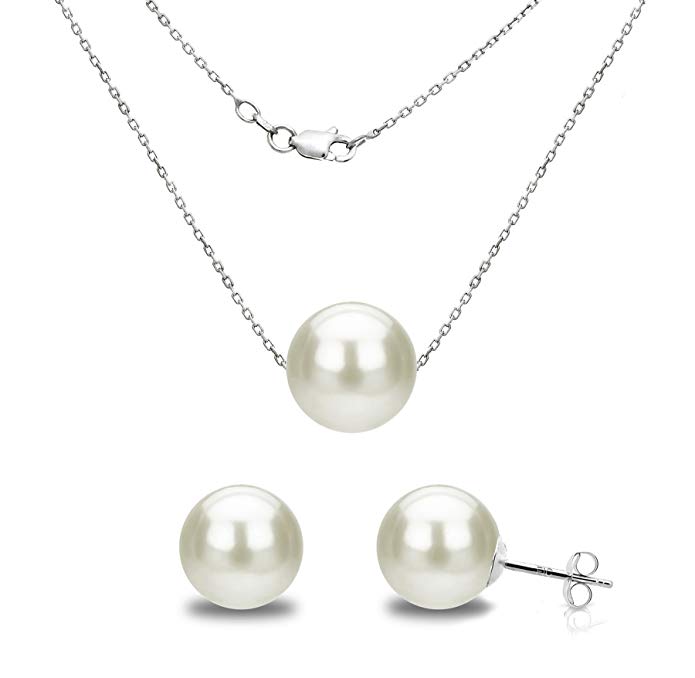 La Regis Jewelry Sterling Silver Chain Necklace with White Freshwater Cultured Pearl Floating Pendant and Stud Earrings