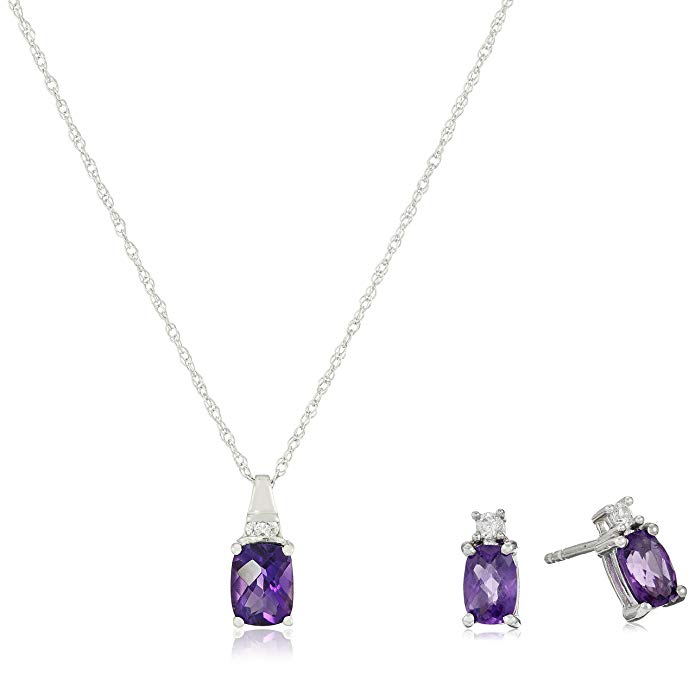 Sterling Silver Checkerboard Gemstone and Created White Sapphire Earrings and Pendant Jewelry Set