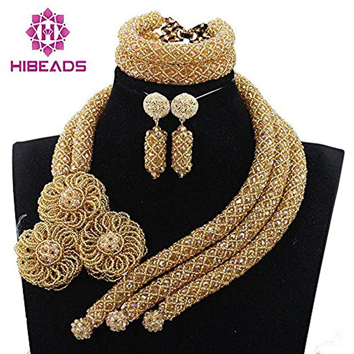 Gold Beads Statement Women Jewelry Necklace Set Dubai Gold African Nigerian Beads Jewelry Set for Wedding