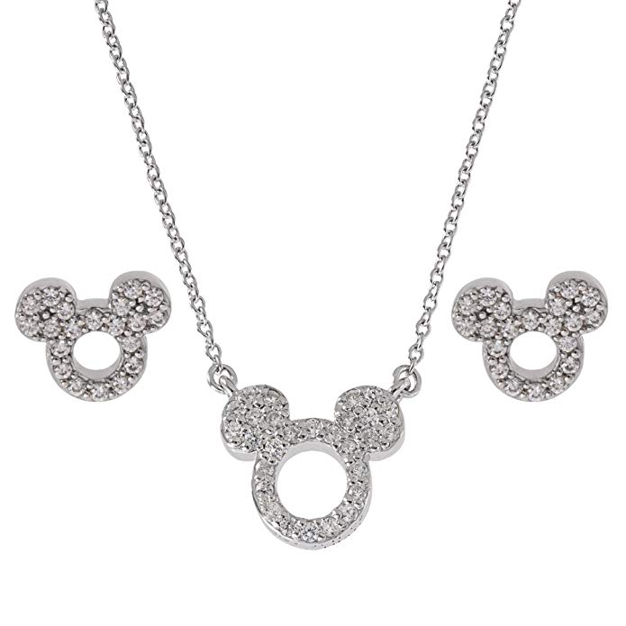 Disney Jewelry Mickey or Minnie Mouse Sterling Silver Cubic Zirconia Pendant and Earring Set Mickey's 90th Birthday Anniversary