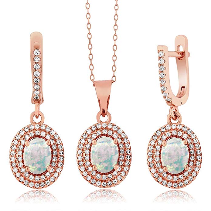 3.52 Ct Oval Simulated Opal 925 Rose Gold Plated Silver Pendant Earrings Set