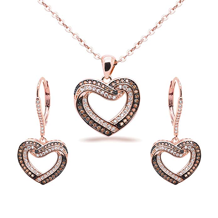 Jewelry Set Chocolate CZ Heart Pendant Necklace Matching Dangle Earrings Rose Gold-Flashed Women, 18 in